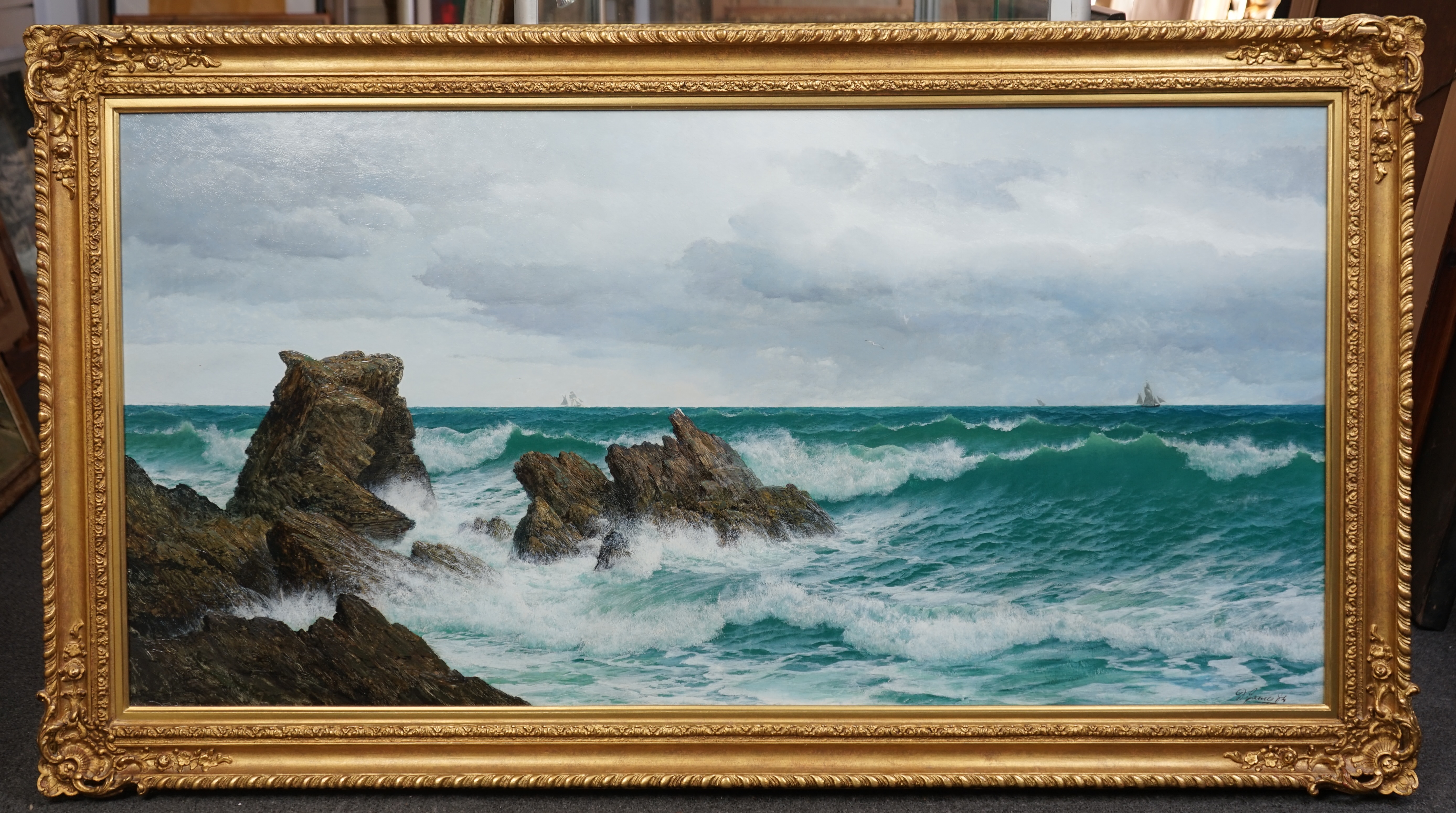 David James (English, 1854-1904), 'Hightide, Bude Bay, Cornwall', oil on canvas, 62 x 124cm